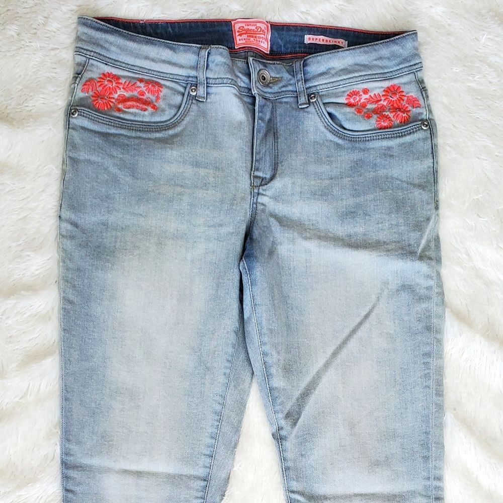 Superdry Floral Pink Embroidery Super Skinny Jeans Light Wash Blue Size W30 L30
